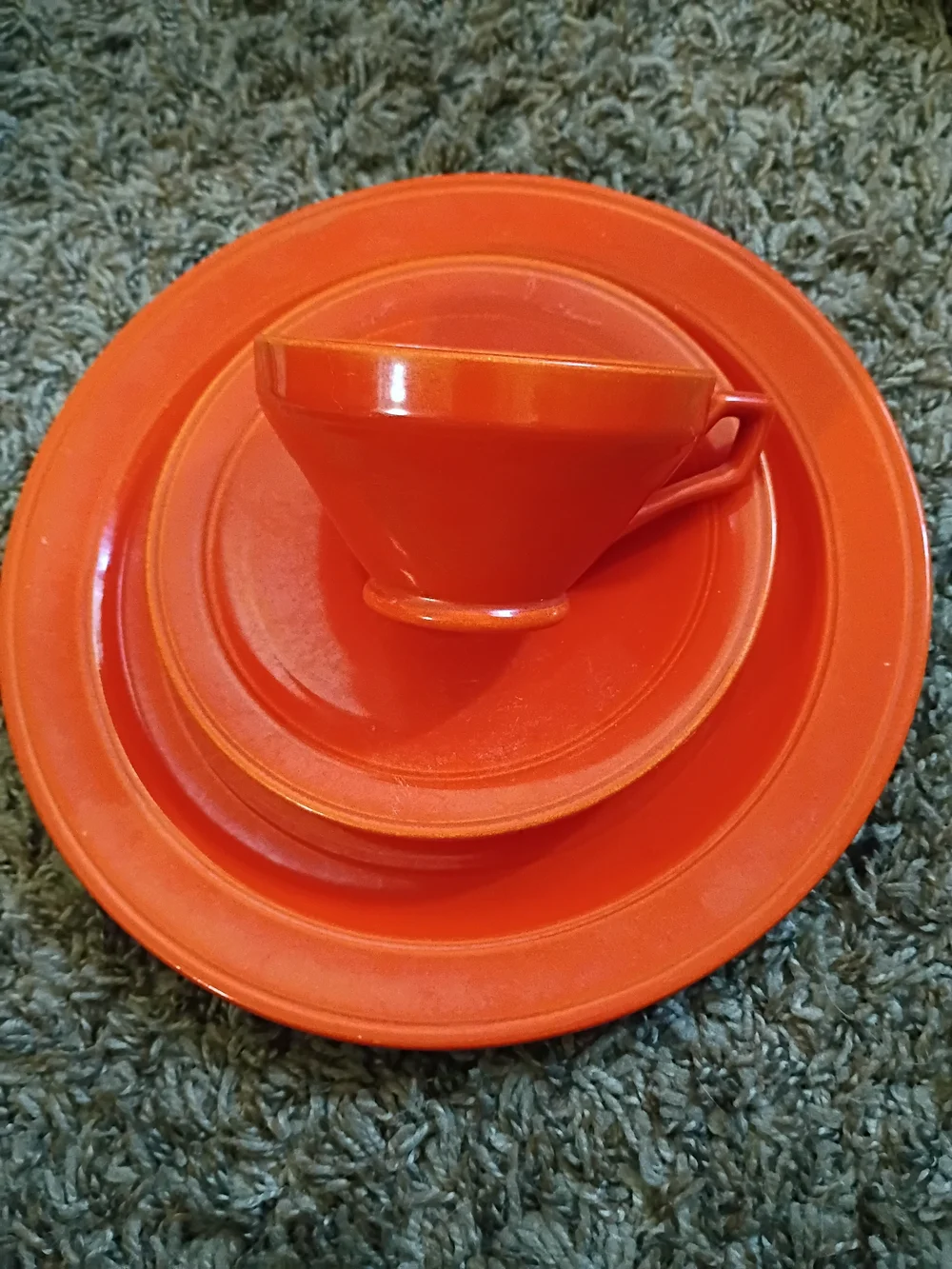 Vintage Early California Vernonware Bright Orange Ceramic Cup and Saucer Set 4